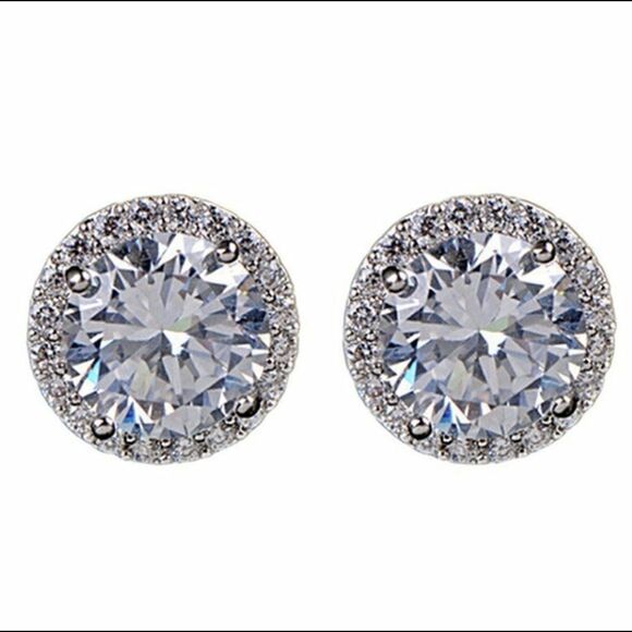 18k White Gold PLATED CZ Diamond Earrings - Picture 1 of 5